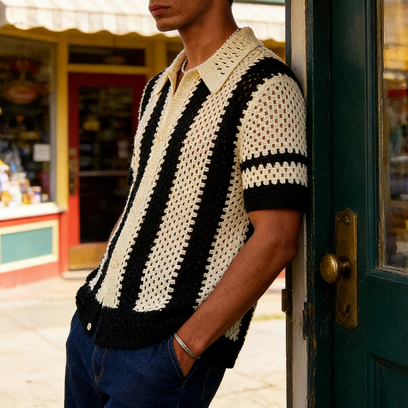 Casual Short Sleeve Button-up Cardigan Tops Mens Fashion Striped Crochet Hollow Out Knit Shirts Spring Summer Vintage Men Shirt
Casual Short Sleeve Button-up Cardigan Tops Mens Fashion Striped Crochet Hollow Out Knit Shirts Spring Summer Vintage Men Shirt
