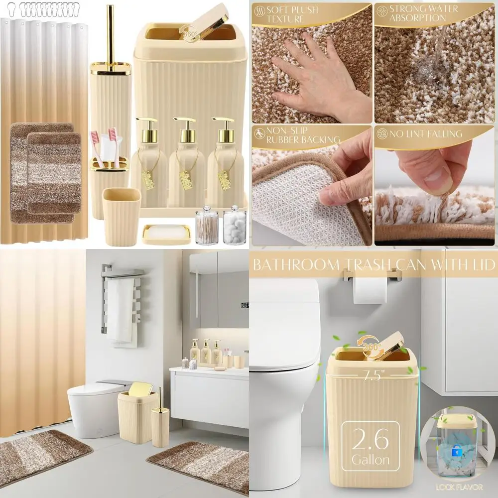 Beige Bathroom Accessory Set: 32-Piece with Shower Curtain, Rugs, and Trash Can
Beige Bathroom Accessory Set: 32-Piece with Shower Curtain, Rugs, and Trash Can