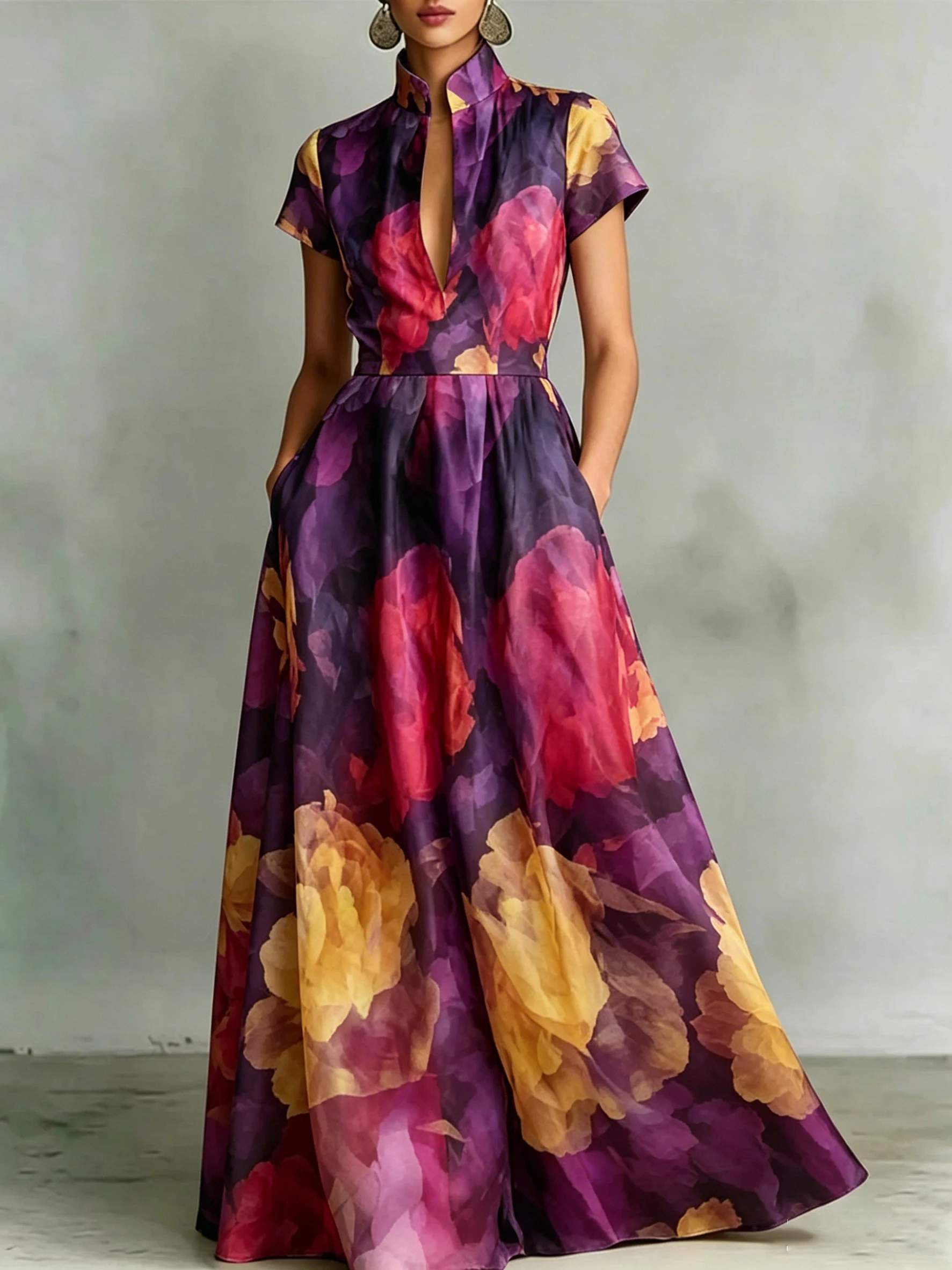 Vintage Women Floral Print Maxi Dress Stand Collar Short Sleeve High Waist A Line Elegant Evening Party Long Dresses Vestidos
Vintage Women Floral Print Maxi Dress Stand Collar Short Sleeve High Waist A Line Elegant Evening Party Long Dresses Vestidos