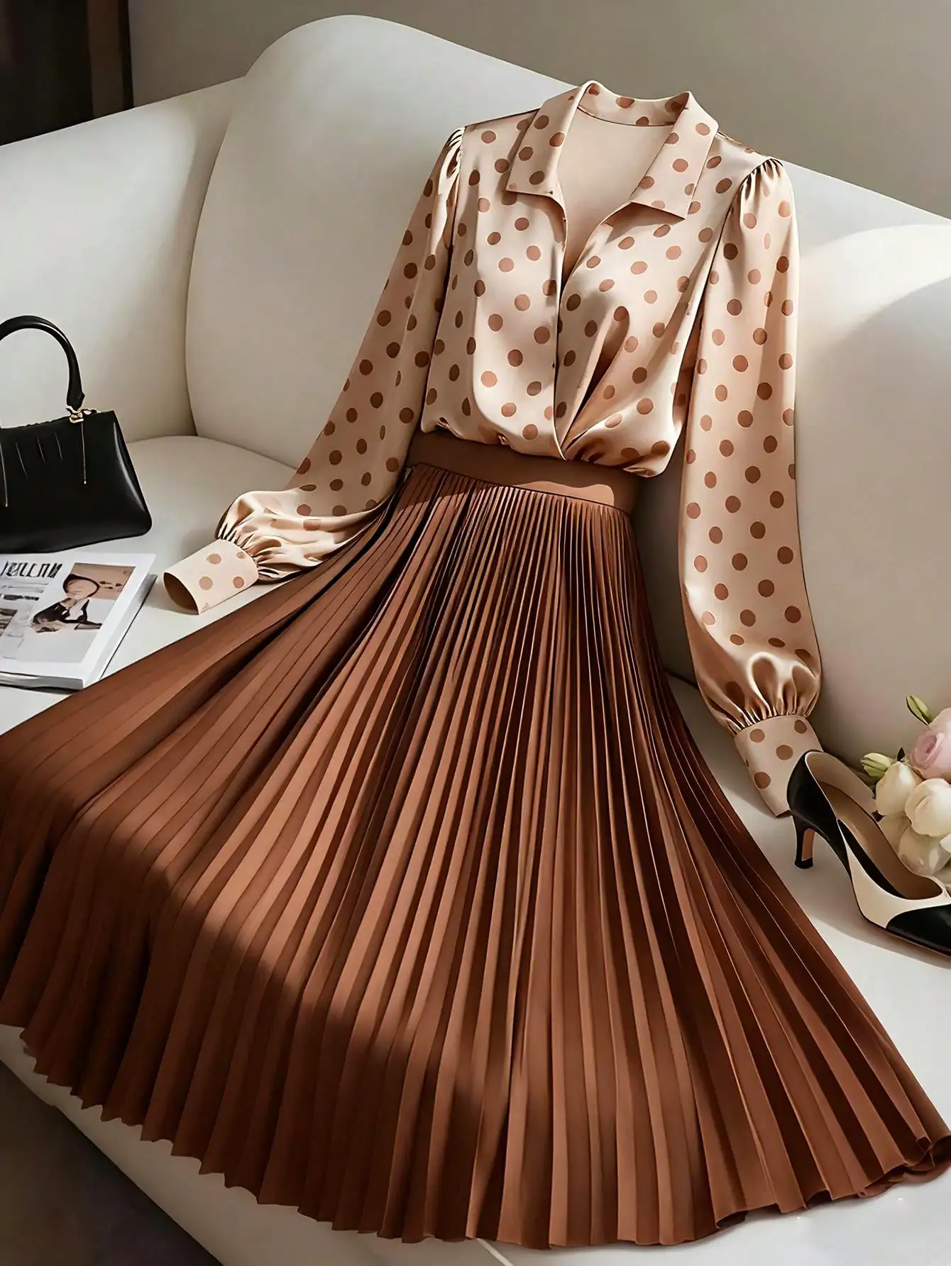 Women's Polka Dot Satin Shirt Top with Pleated A-Line Skirt Set
Women's Polka Dot Satin Shirt Top with Pleated A-Line Skirt Set