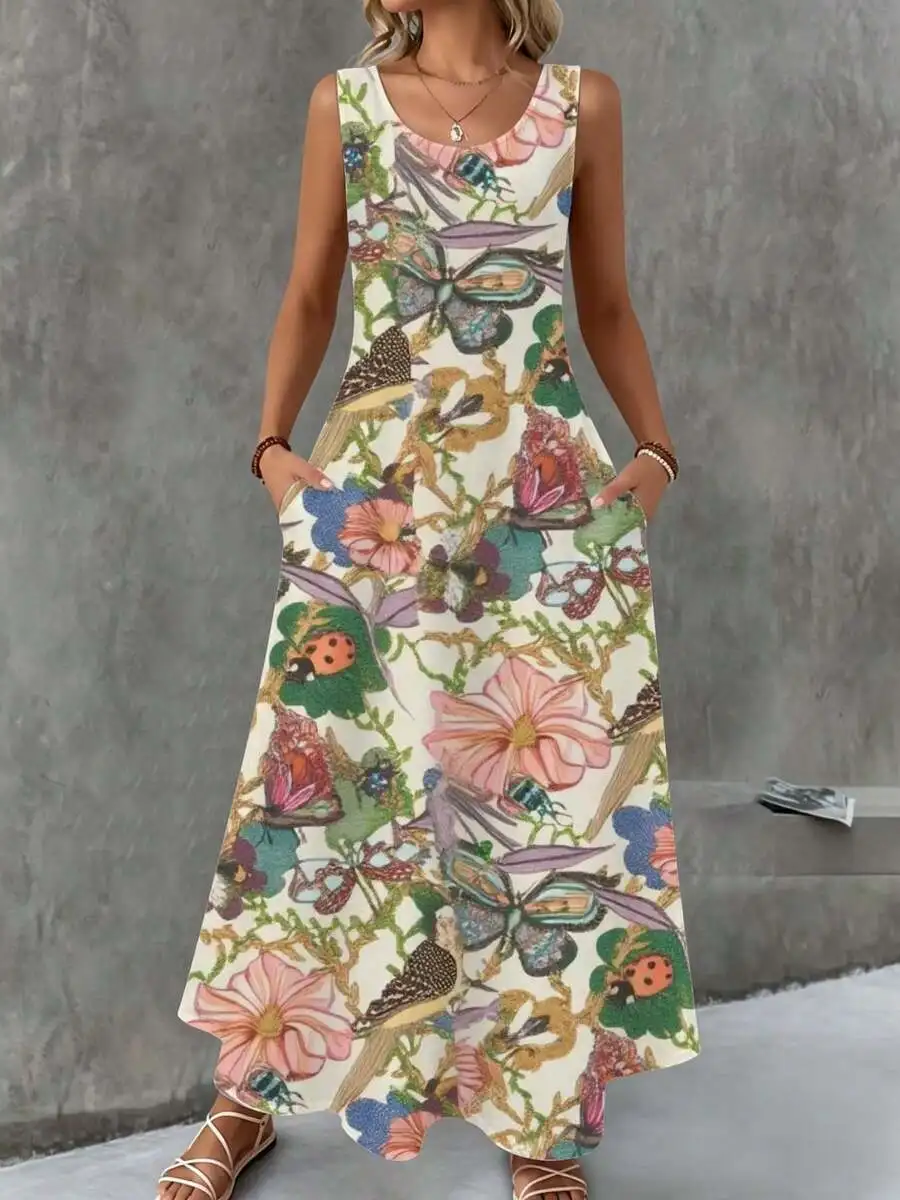 Sleeveless Maxi Dress Cream Floral Butterfly Print Summer Beach Vacation Wear
Sleeveless Maxi Dress Cream Floral Butterfly Print Summer Beach Vacation Wear
