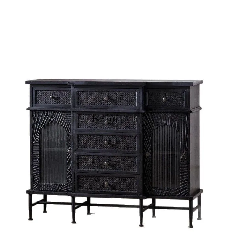 French medieval black three-door solid wood chest with drawers for home storage
French medieval black three-door solid wood chest with drawers for home storage