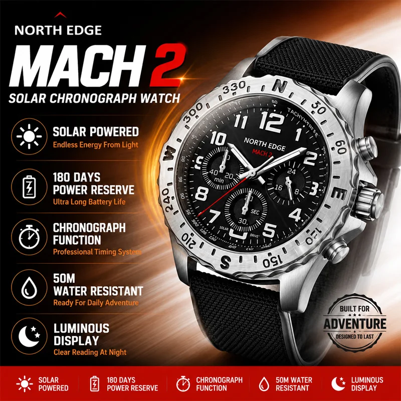 NORTH EDGE MACH 2 Solar Watch Men Chronograph Quartz Wristwatch 50M Waterproof Luminous Pilot Outdoor Sports Military Watch New
NORTH EDGE MACH 2 Solar Watch Men Chronograph Quartz Wristwatch 50M Waterproof Luminous Pilot Outdoor Sports Military Watch New