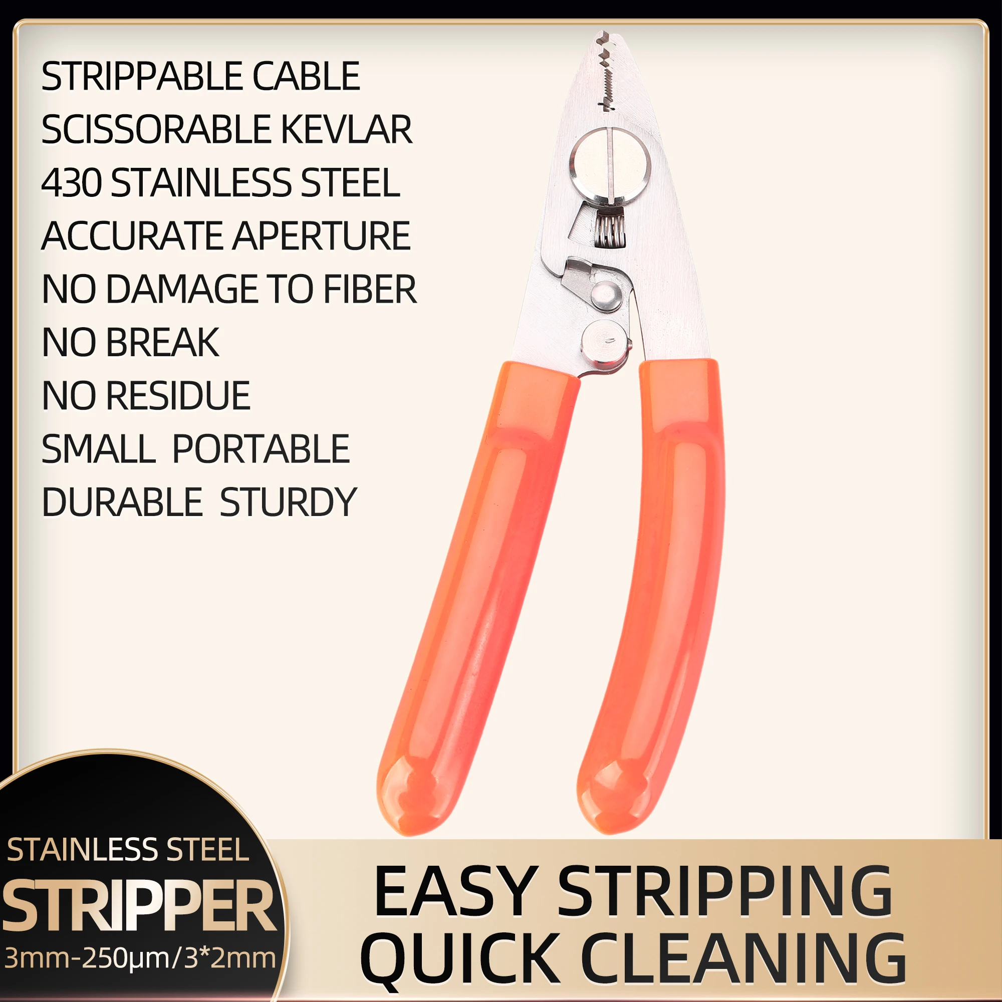 FTTH Fiber optic cable stripping pliers made of stainless steel with four mouths are suitable for 2-3mm fiber optic jumpers
FTTH Fiber optic cable stripping pliers made of stainless steel with four mouths are suitable for 2-3mm fiber optic jumpers