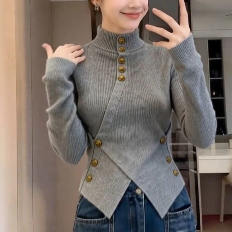 Spring Fall Women Stand Collar Button Designer Grey Knitted Sweater , Woman Clothing Slim Knitting Irregular Wine Red Sweaters
Spring Fall Women Stand Collar Button Designer Grey Knitted Sweater , Woman Clothing Slim Knitting Irregular Wine Red Sweaters