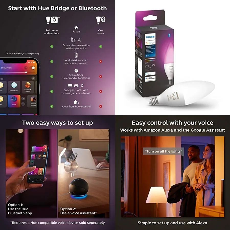 Smart 0W B39 Cle-Shaped LED Bulb - -Changing Light - - 50LM - E2 - Control with Hue App - Works with Alexa, Google Assistant an
Smart 0W B39 Cle-Shaped LED Bulb - -Changing Light - - 50LM - E2 - Control with Hue App - Works with Alexa, Google Assistant an