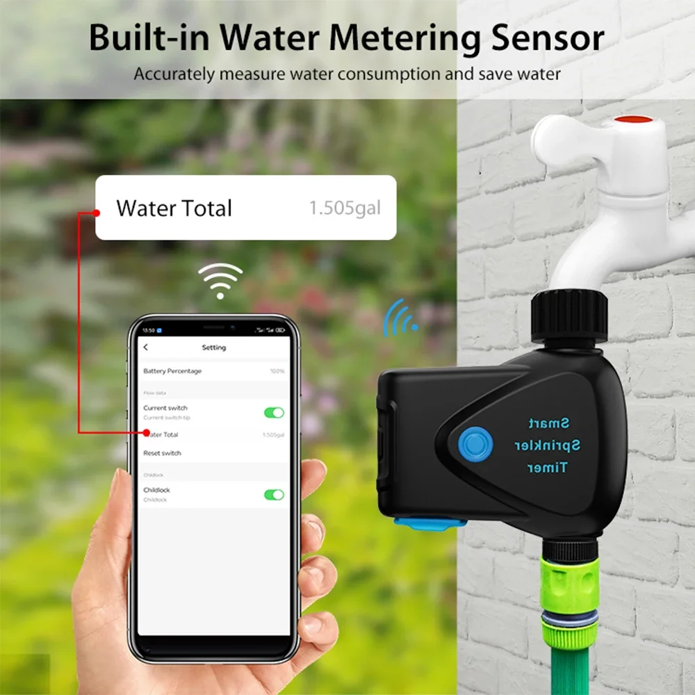 Tuya Smart Wi-Fi водяной таймер спринклерное орошение с измерением воды умное управление спринклерным управлением для садовых растений 
Tuya Smart Wi-Fi водяной таймер спринклерное орошение с измерением воды умное управление спринклерным управлением для садовых растений