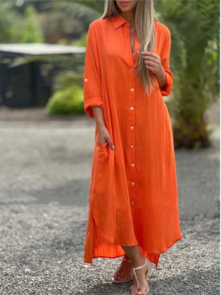 Elegant Women's Shirt Dress Cotton And Linen Collar Button Up Long Dress Ladies Casual Full Sleeve Solid Color Loose Dresses
Elegant Women's Shirt Dress Cotton And Linen Collar Button Up Long Dress Ladies Casual Full Sleeve Solid Color Loose Dresses