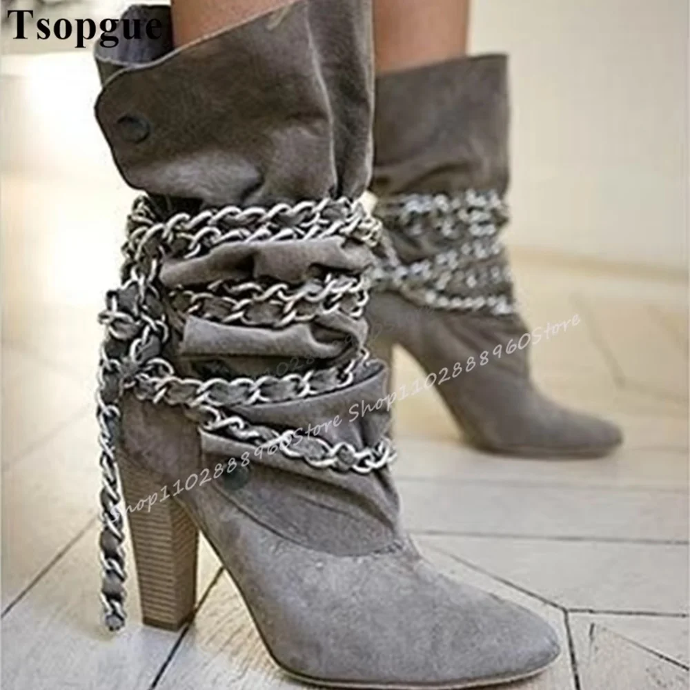 Retro Style Mid Calf Gray Flock Chain Boots Chunky High Heel Shoes For Women Slip On Pointed Toe Occidental Party Stylish Boots
Retro Style Mid Calf Gray Flock Chain Boots Chunky High Heel Shoes For Women Slip On Pointed Toe Occidental Party Stylish Boots
