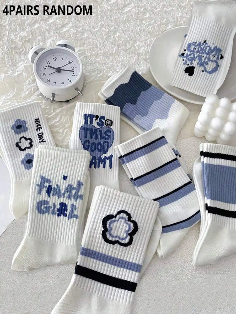 4 Pairs Random Womens Mid-Calf Socks With Stripes Floral And Letter Patterns For Daily Wear
4 Pairs Random Womens Mid-Calf Socks With Stripes Floral And Letter Patterns For Daily Wear