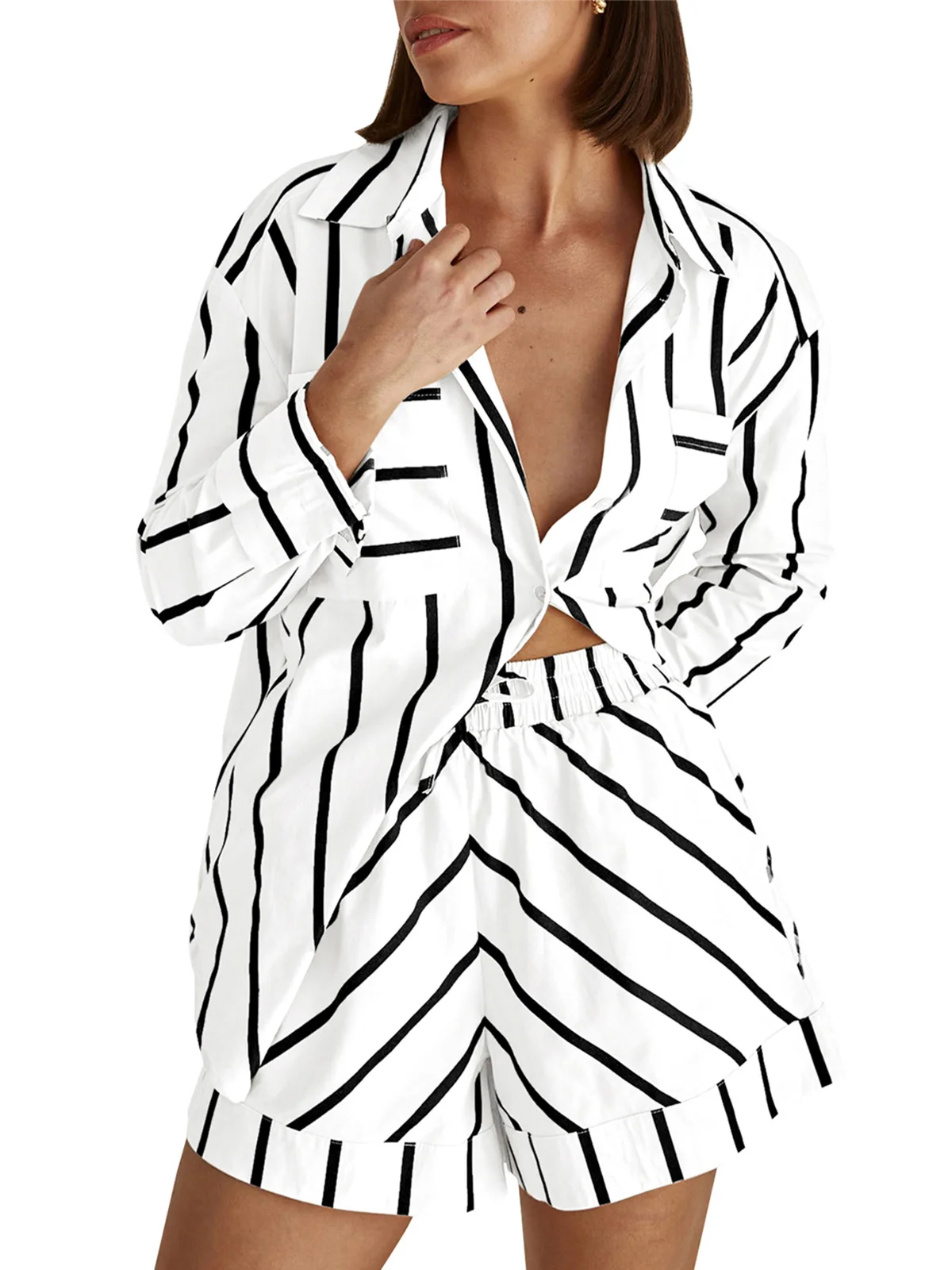 Spring Summer 2 Piece Striped Set Long Sleeve Button Blouse Elastic Waist Shorts Outfits Lounge Matching Sets
Spring Summer 2 Piece Striped Set Long Sleeve Button Blouse Elastic Waist Shorts Outfits Lounge Matching Sets