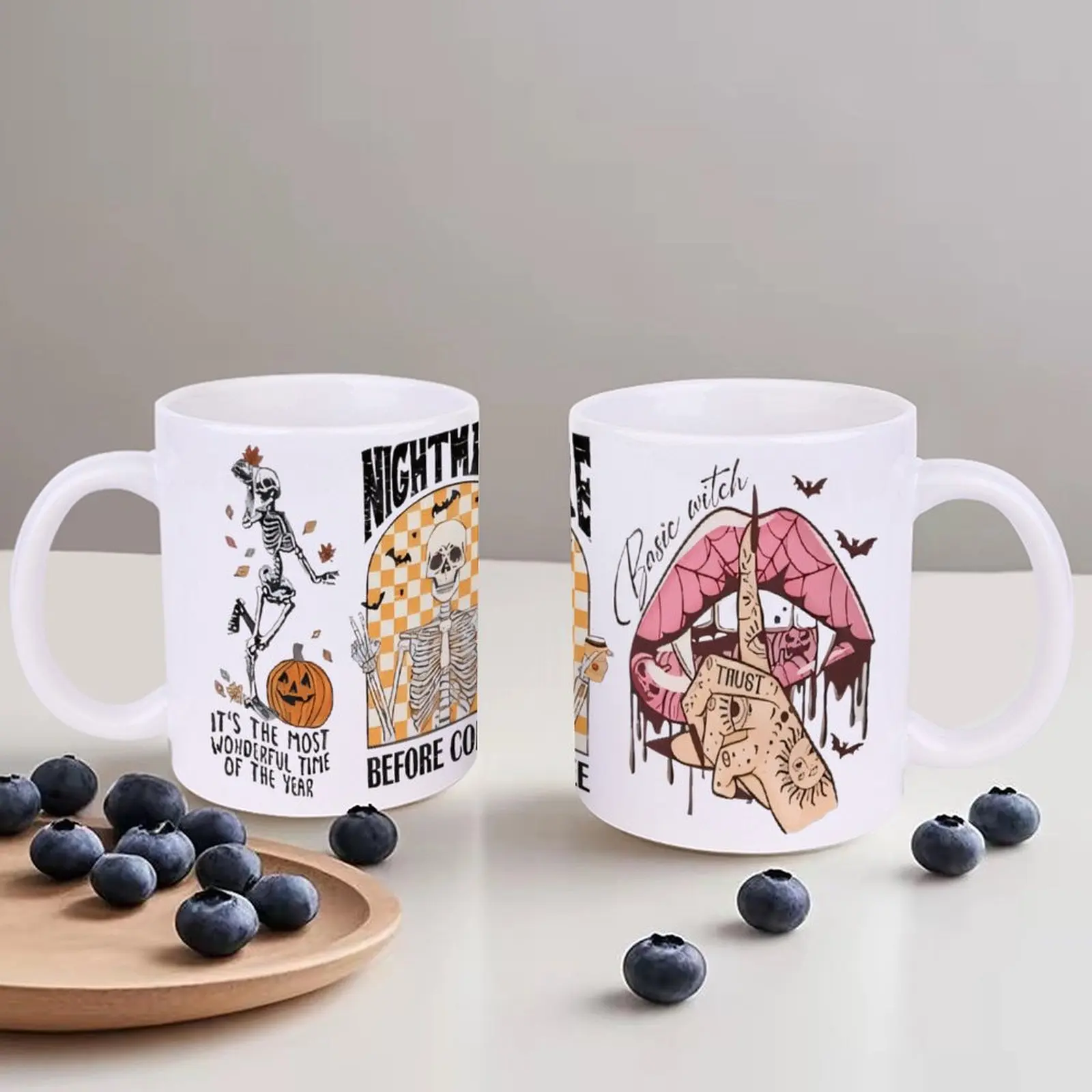 A Series Of Illustrations Depicting A Skeleton, A Witch, And A Pumpkin. Cute Kitchenware, 330ml Coffee Mugs for Summer
A Series Of Illustrations Depicting A Skeleton, A Witch, And A Pumpkin. Cute Kitchenware, 330ml Coffee Mugs for Summer