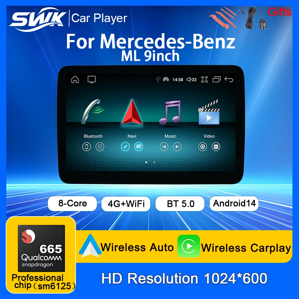 Android14 Qualcomm Snapdragon 665 Chip For Mercedes-Benz ML Car multimedia player 9'' Wireless Carplay/Auto WiFi 4G GPS BT dsp
Android14 Qualcomm Snapdragon 665 Chip For Mercedes-Benz ML Car multimedia player 9'' Wireless Carplay/Auto WiFi 4G GPS BT dsp