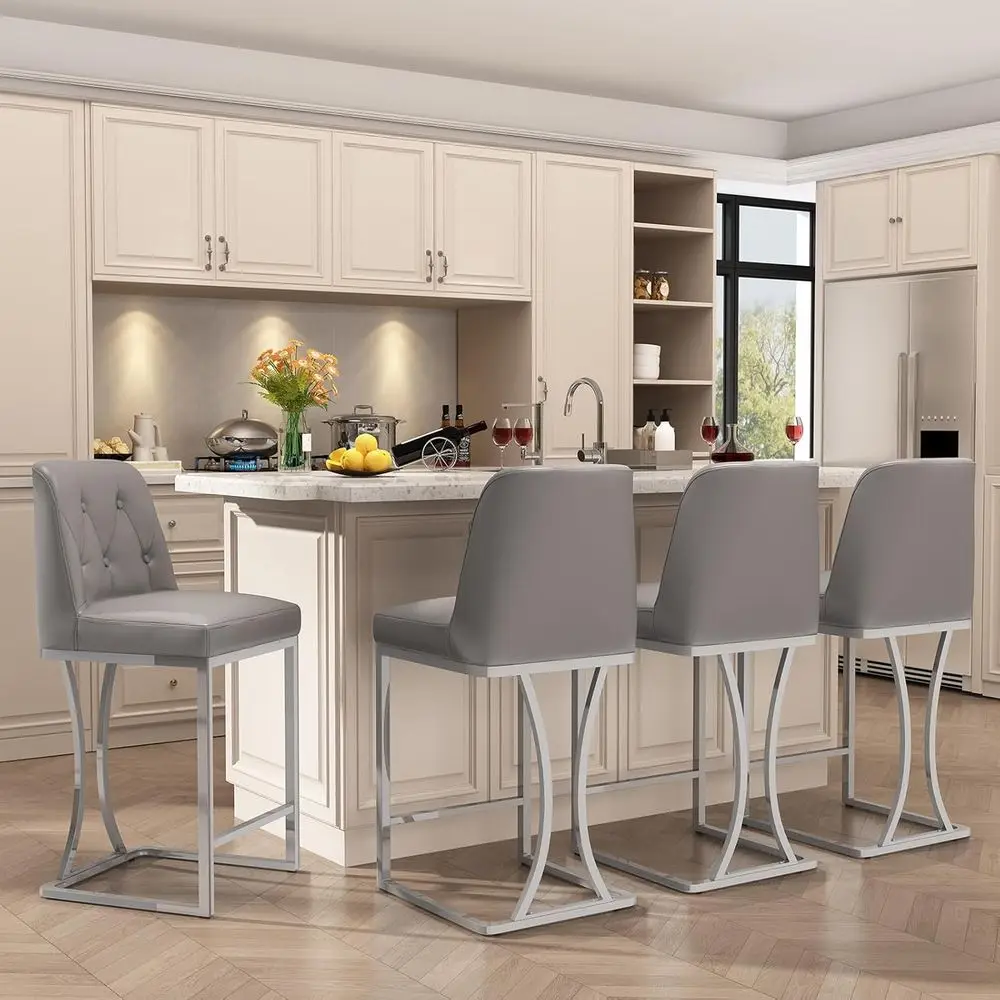 Set of 4 Grey Upholstered Counter Height Bar Stools with Backrest and Silver Metal Base
Set of 4 Grey Upholstered Counter Height Bar Stools with Backrest and Silver Metal Base