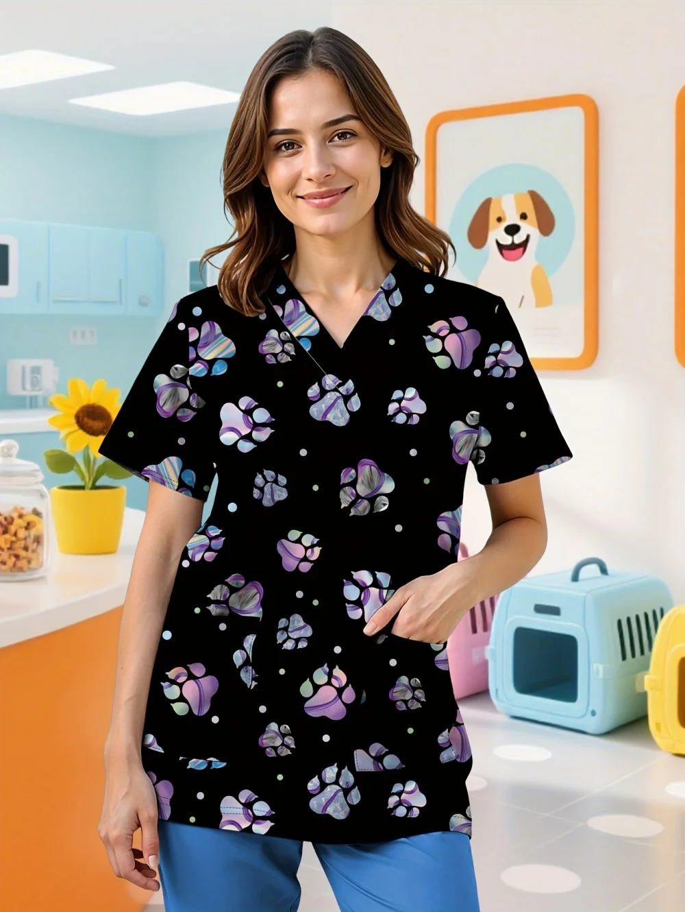 New Medical Uniform Woman Colorful Paw Print Background Cute Vet Nursing Tops Casual Short Sleeve with Pocket Clinical Uniforms
New Medical Uniform Woman Colorful Paw Print Background Cute Vet Nursing Tops Casual Short Sleeve with Pocket Clinical Uniforms