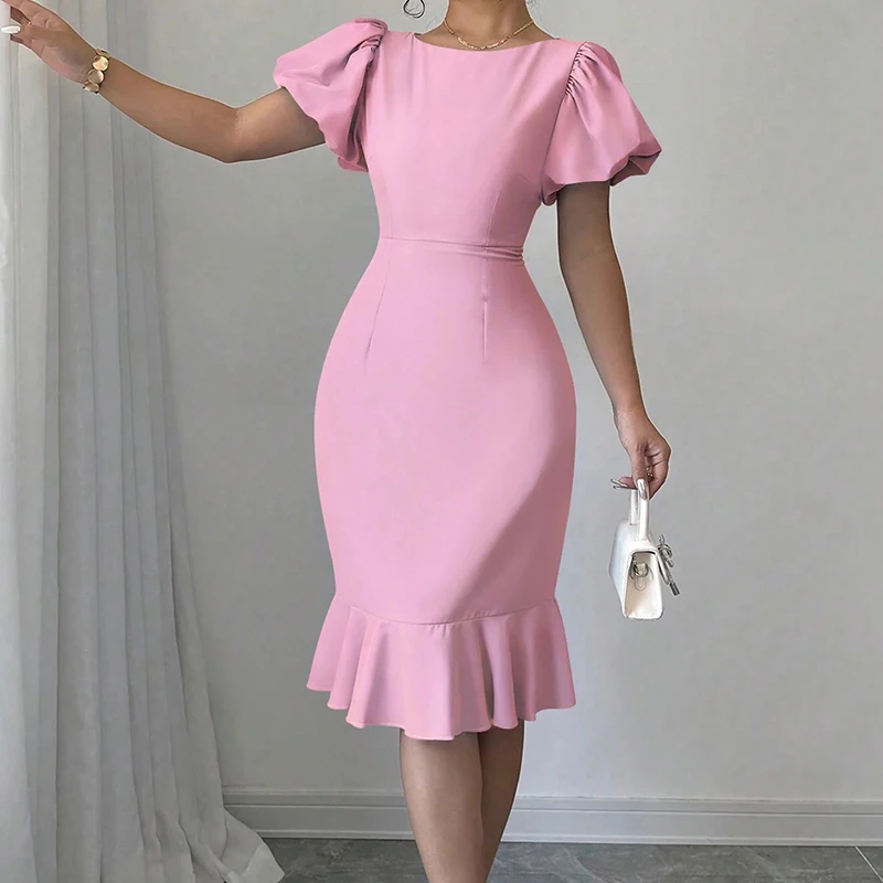 New Women O Neck Lantern Sleeve Office Dress Elegant Solid Color Ruffles Knee-length Dress Chic Slim High Waisted Evening Dress
New Women O Neck Lantern Sleeve Office Dress Elegant Solid Color Ruffles Knee-length Dress Chic Slim High Waisted Evening Dress