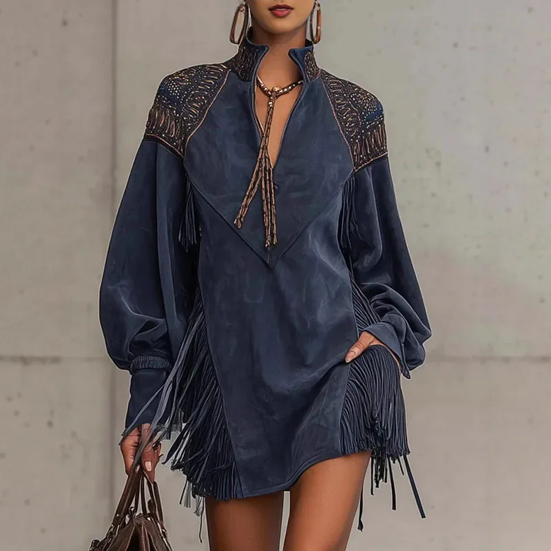 Vintage Fashion Print Tassels Mini Dress Woman Casual V Neck Pocket A-Line Dress Autumn Winter Long Sleeve High Waist Boho Dress
Vintage Fashion Print Tassels Mini Dress Woman Casual V Neck Pocket A-Line Dress Autumn Winter Long Sleeve High Waist Boho Dress