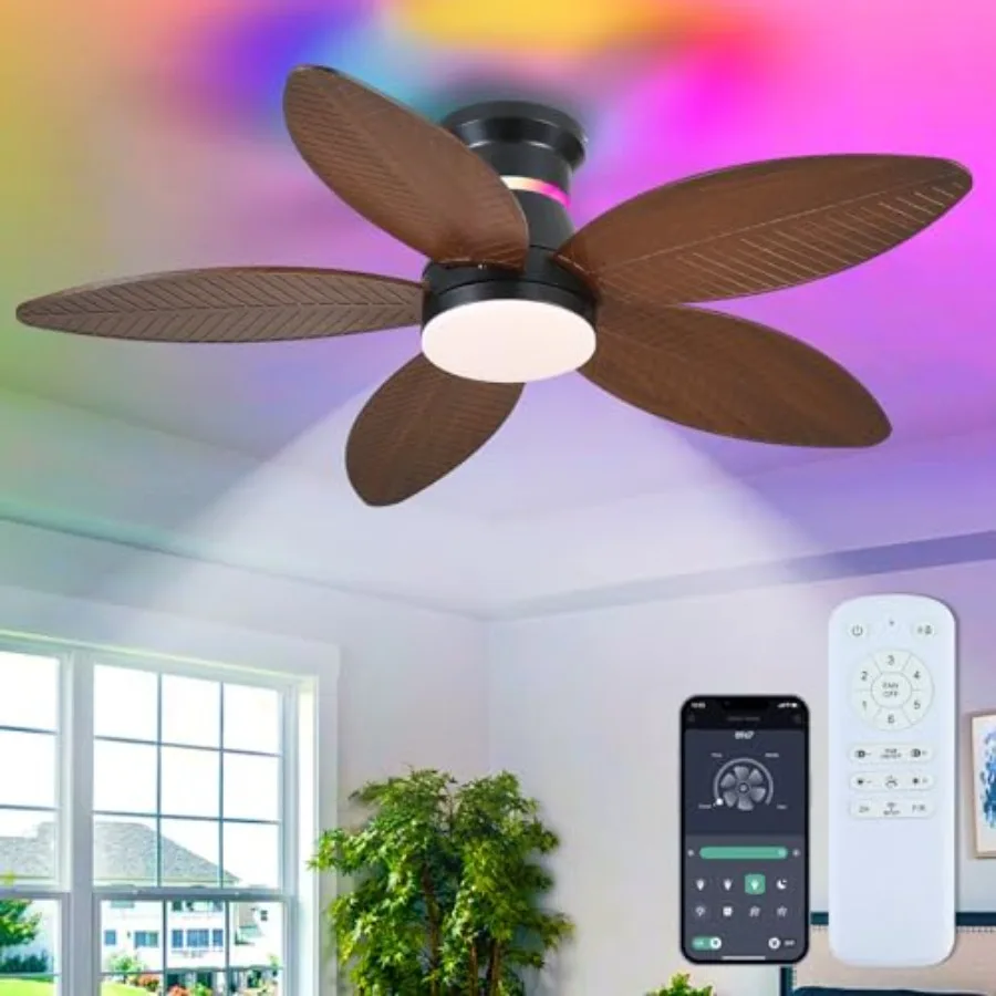 46 Ceiling Fan with RGB Lights, Flush Mount Indoor/Outdoor Tropical Palm Leaf Design, Brown ABS Blades, 3CCT Dimmable LED Light
46 Ceiling Fan with RGB Lights, Flush Mount Indoor/Outdoor Tropical Palm Leaf Design, Brown ABS Blades, 3CCT Dimmable LED Light