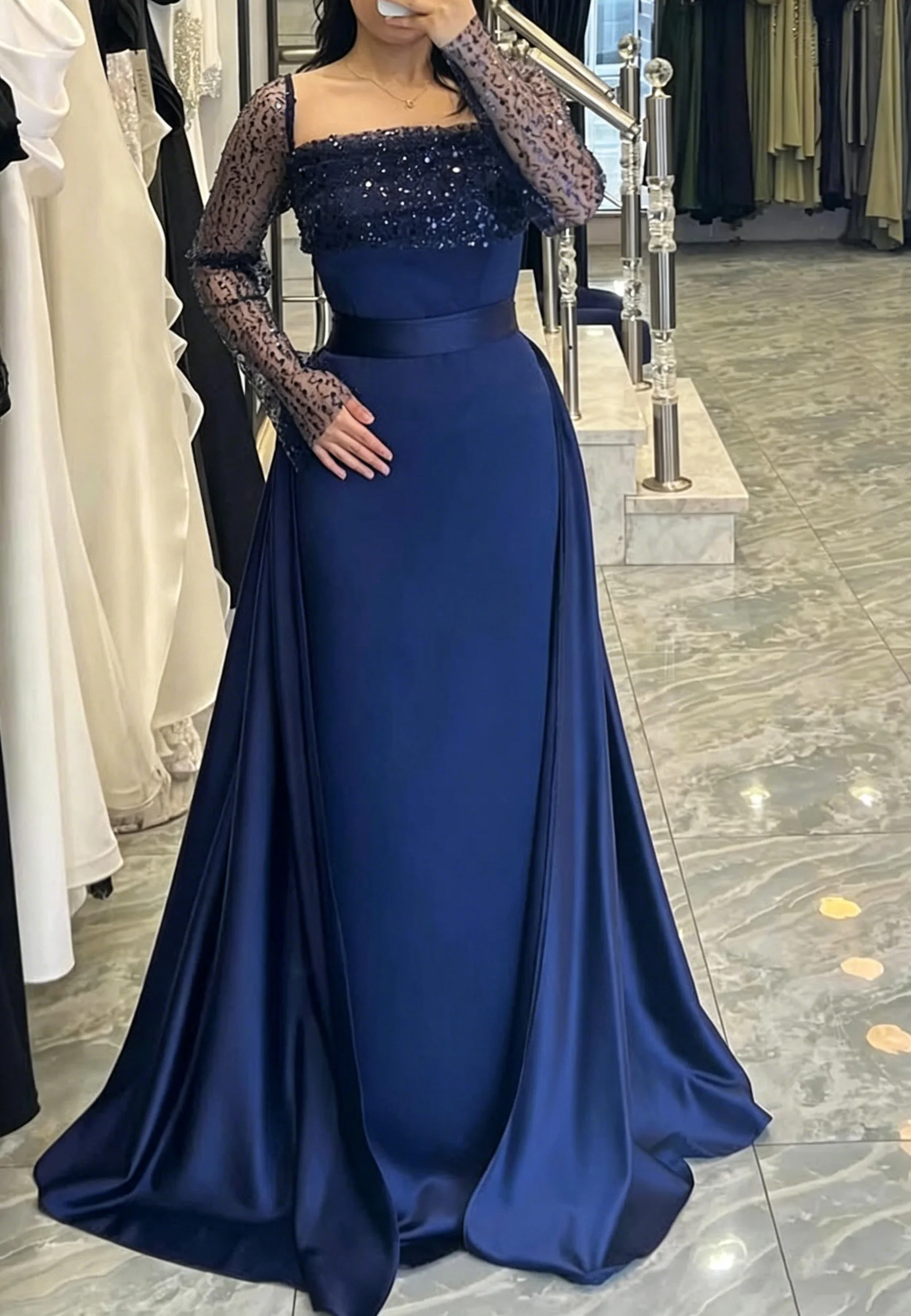 EGS Deep Blue Evening Dress for Woman Customized Long Sleeves Beading Sequined Straight Prom Gown with Train Party Gown Wedding
EGS Deep Blue Evening Dress for Woman Customized Long Sleeves Beading Sequined Straight Prom Gown with Train Party Gown Wedding