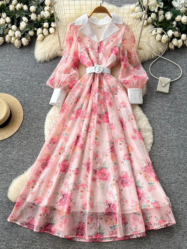 Romantic Women Turn Down Collar Lantern Sleeve Floral Print Dress Spring Autumn Pearl Belt Decoration Long Robe Women Dress
Romantic Women Turn Down Collar Lantern Sleeve Floral Print Dress Spring Autumn Pearl Belt Decoration Long Robe Women Dress