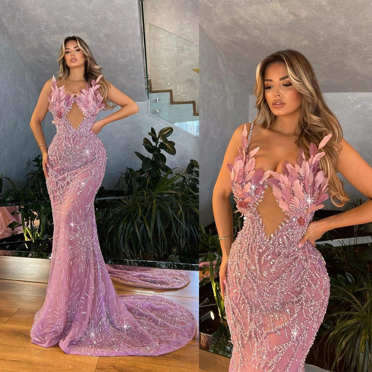 Fancy Mermaid Pink Evening Dresses Feathers Spaghetti Straps Prom Gowns Custom Made Sequined Beaded Party Dresses
Fancy Mermaid Pink Evening Dresses Feathers Spaghetti Straps Prom Gowns Custom Made Sequined Beaded Party Dresses