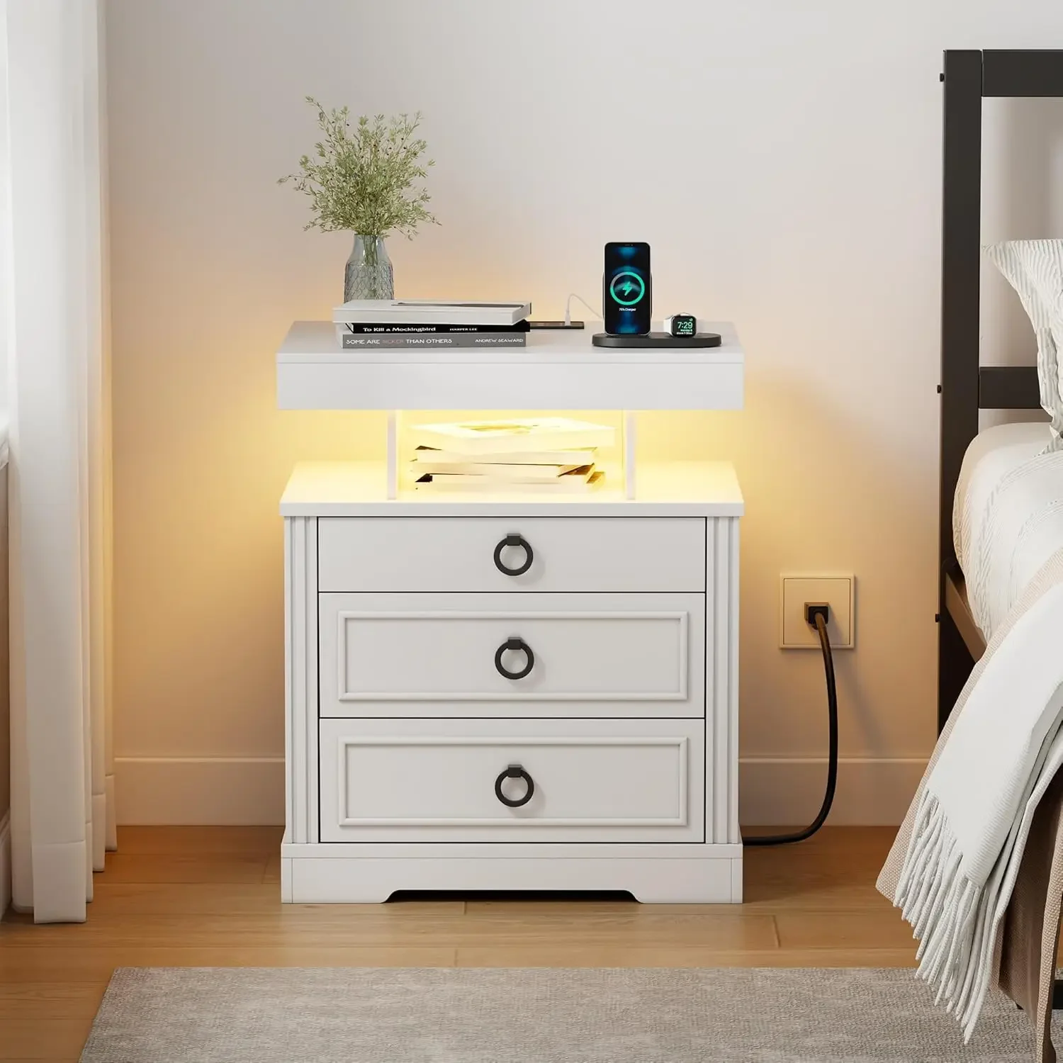 Nightstand Gun Drawer Led Bedside Table Charging Station Human Sensor Three Open Shelves Modern End Tables Bedroom White
Nightstand Gun Drawer Led Bedside Table Charging Station Human Sensor Three Open Shelves Modern End Tables Bedroom White