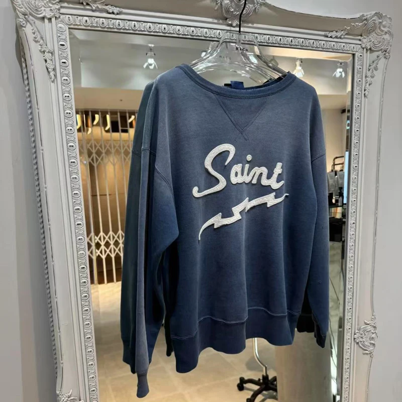 Embroidery Lightning Patch Label Saint Knitt V Stitch Sweatshirts Men Women Vintage Washed Do Old Blue Round Neck Sweatshirts
Embroidery Lightning Patch Label Saint Knitt V Stitch Sweatshirts Men Women Vintage Washed Do Old Blue Round Neck Sweatshirts