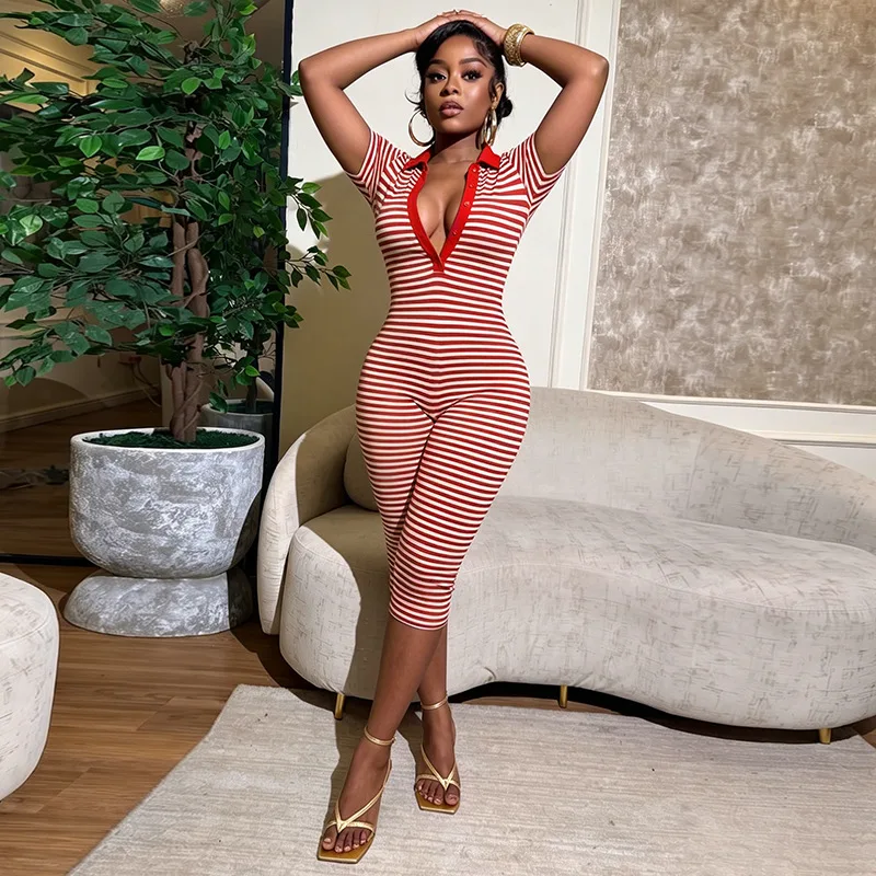Slim Casual Striped Print Calf Length Jumpsuits Women Fashion Patchwork Buttons V Neck Lapel Collar Short Sleeve Street Overalls
Slim Casual Striped Print Calf Length Jumpsuits Women Fashion Patchwork Buttons V Neck Lapel Collar Short Sleeve Street Overalls