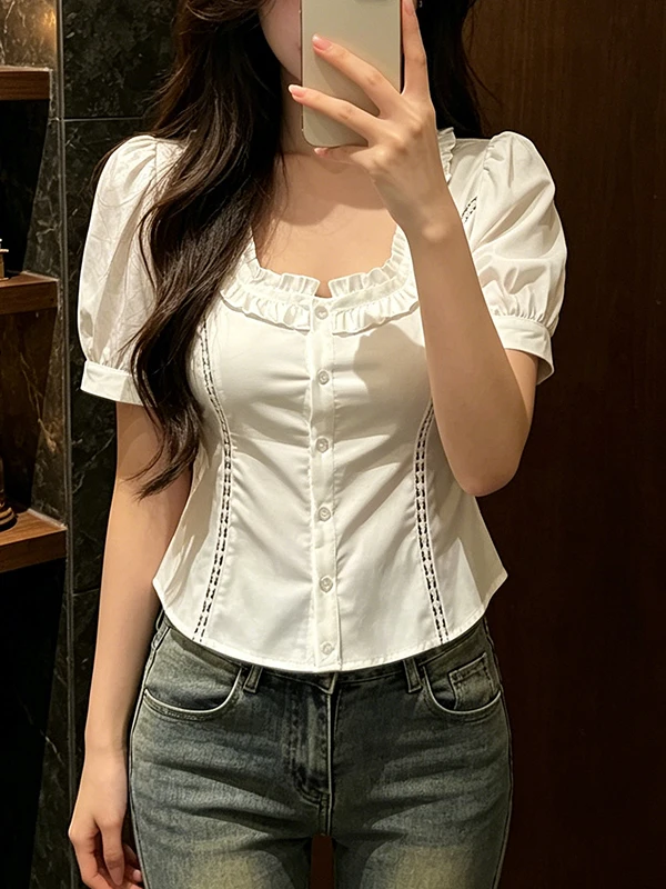 Slim Fit White Short Sleeve Shirt Women's Korean Style Square Collar Breathable Summer New Arrival Versatile Casual Shirt
Slim Fit White Short Sleeve Shirt Women's Korean Style Square Collar Breathable Summer New Arrival Versatile Casual Shirt