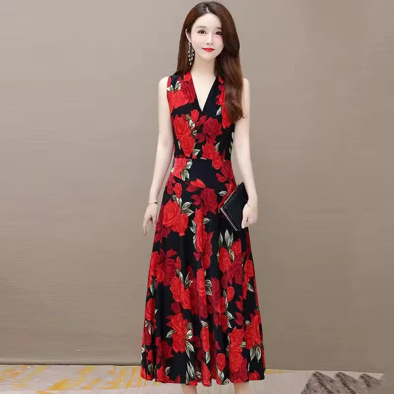 Summer Long Beach Dresses Deep V-Neck Print Sleeveless Dress Women New Middle-aged Oversized Large Swing Long Skirt
Summer Long Beach Dresses Deep V-Neck Print Sleeveless Dress Women New Middle-aged Oversized Large Swing Long Skirt
