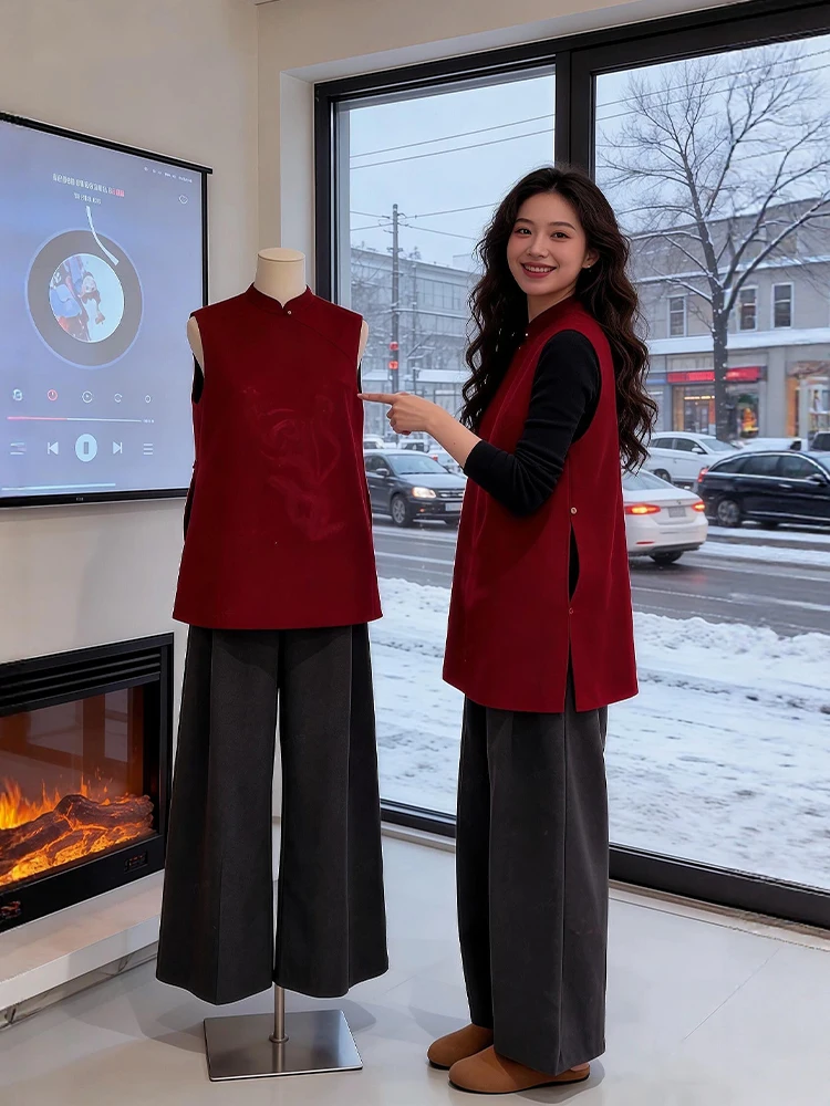 Red Woolen Vest And Wide Leg Pants Tee Piece Set plus Size Faionable Chinese Sle Winter Outfit for Women Warm And Comfo...
Red Woolen Vest And Wide Leg Pants Tee Piece Set plus Size Faionable Chinese Sle Winter Outfit for Women Warm And Comfo...