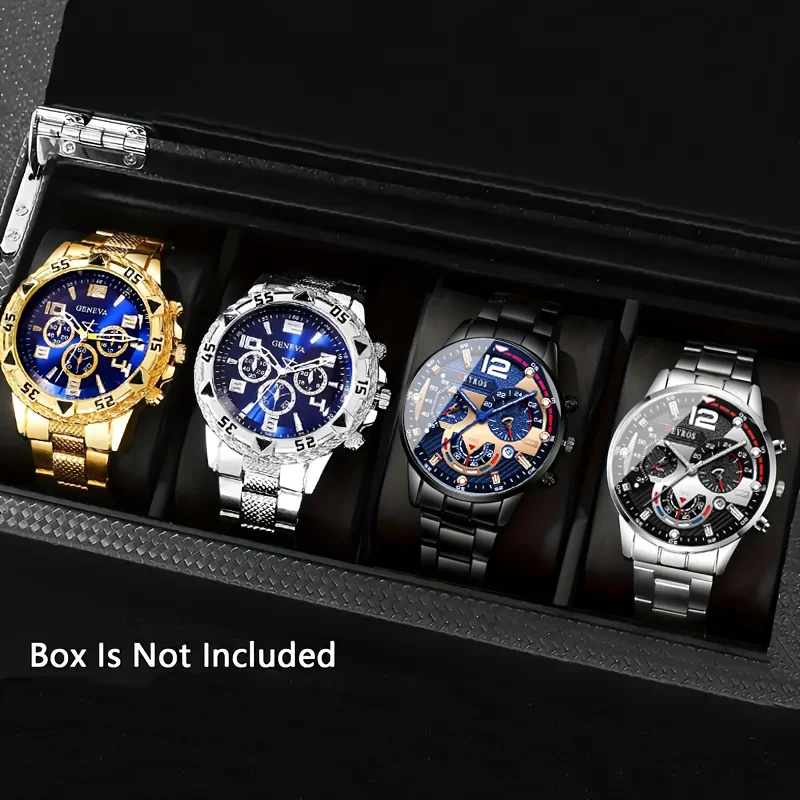 Набор из 4 женевских кварцевых часов из нержавеющей стали для мужчин — круглый циферблат, корпус из цинкового сплава, электронный механизм, водонепроницаемый
Набор из 4 женевских кварцевых часов из нержавеющей стали для мужчин — круглый циферблат, корпус из цинкового сплава, электронный механизм, водонепроницаемый