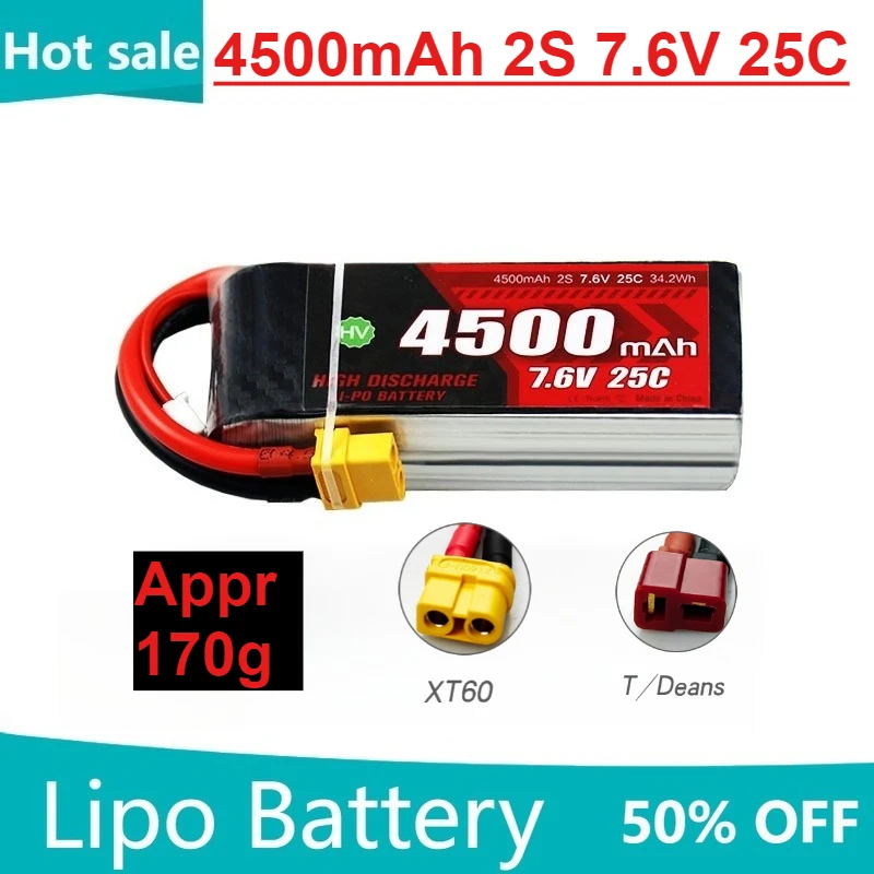 4500mAh 2S 7.6V 25C LiPo Battery for RC Helicopter Quadcopter FPV Racing Drone Parts Drones Battery with T/XT60
4500mAh 2S 7.6V 25C LiPo Battery for RC Helicopter Quadcopter FPV Racing Drone Parts Drones Battery with T/XT60