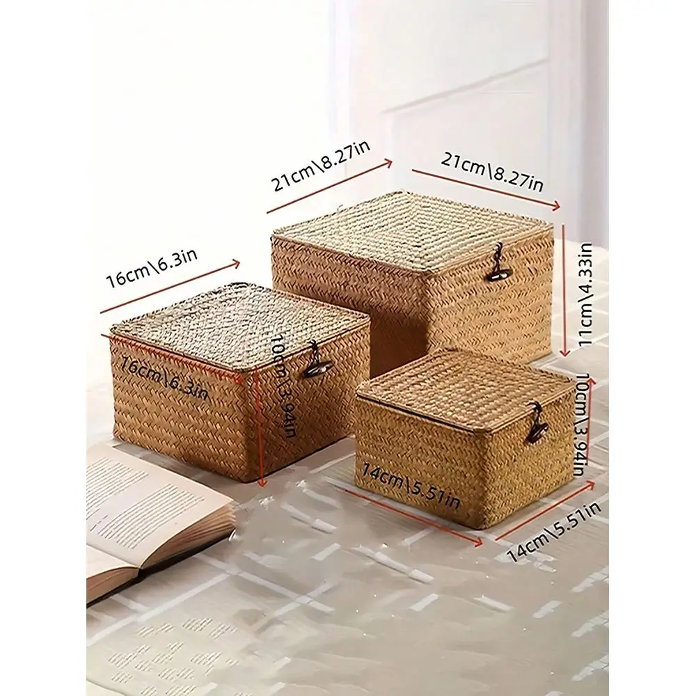 Handwoven Storage Basket With Lid, Boho Style Desktop Storage Box, Multifunctional Hanging Container For Kitchen, Bathroom, Bed