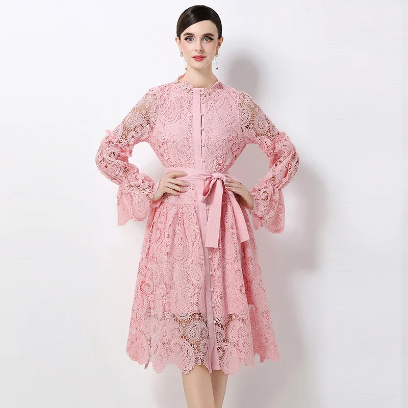 Luxury Lace Embroidery Prom Dress Autumn Women's O-Neck Flare Long Sleeve Single Breasted Hollow Out Lace Up Belt Midi Dress
Luxury Lace Embroidery Prom Dress Autumn Women's O-Neck Flare Long Sleeve Single Breasted Hollow Out Lace Up Belt Midi Dress
