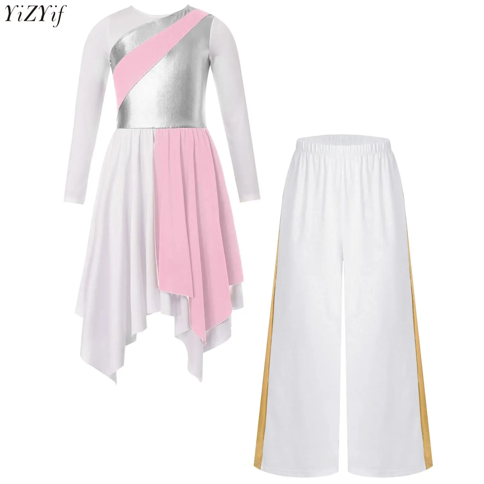 Kids Girls Praise Lyrical Dance Dress Church Chior Costume Long Sleeve Metallic Contrast Asymmetrical Hem Dress+Wide-Leg Pants
Kids Girls Praise Lyrical Dance Dress Church Chior Costume Long Sleeve Metallic Contrast Asymmetrical Hem Dress+Wide-Leg Pants