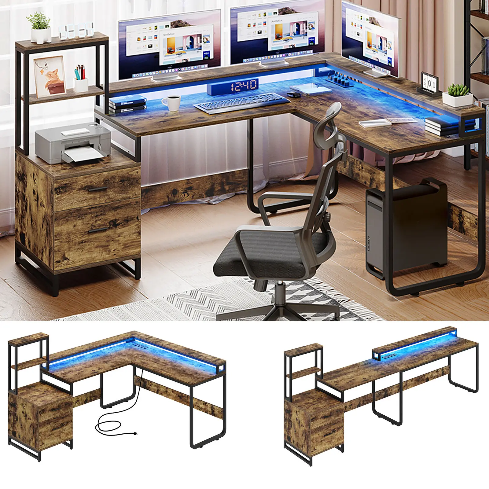 LED L Shaped Desk with Power Outlet 87" Reversible Computer Desk with Drawers
LED L Shaped Desk with Power Outlet 87" Reversible Computer Desk with Drawers