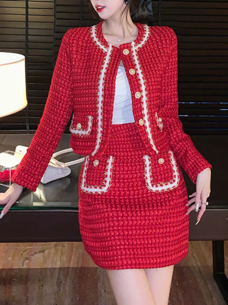 2023 New Autumn Winter Small Fragrance Suits Casual Long Sleeve Slim Red Tweed Coat Temperament Skirt Two Piece Set Women
2023 New Autumn Winter Small Fragrance Suits Casual Long Sleeve Slim Red Tweed Coat Temperament Skirt Two Piece Set Women