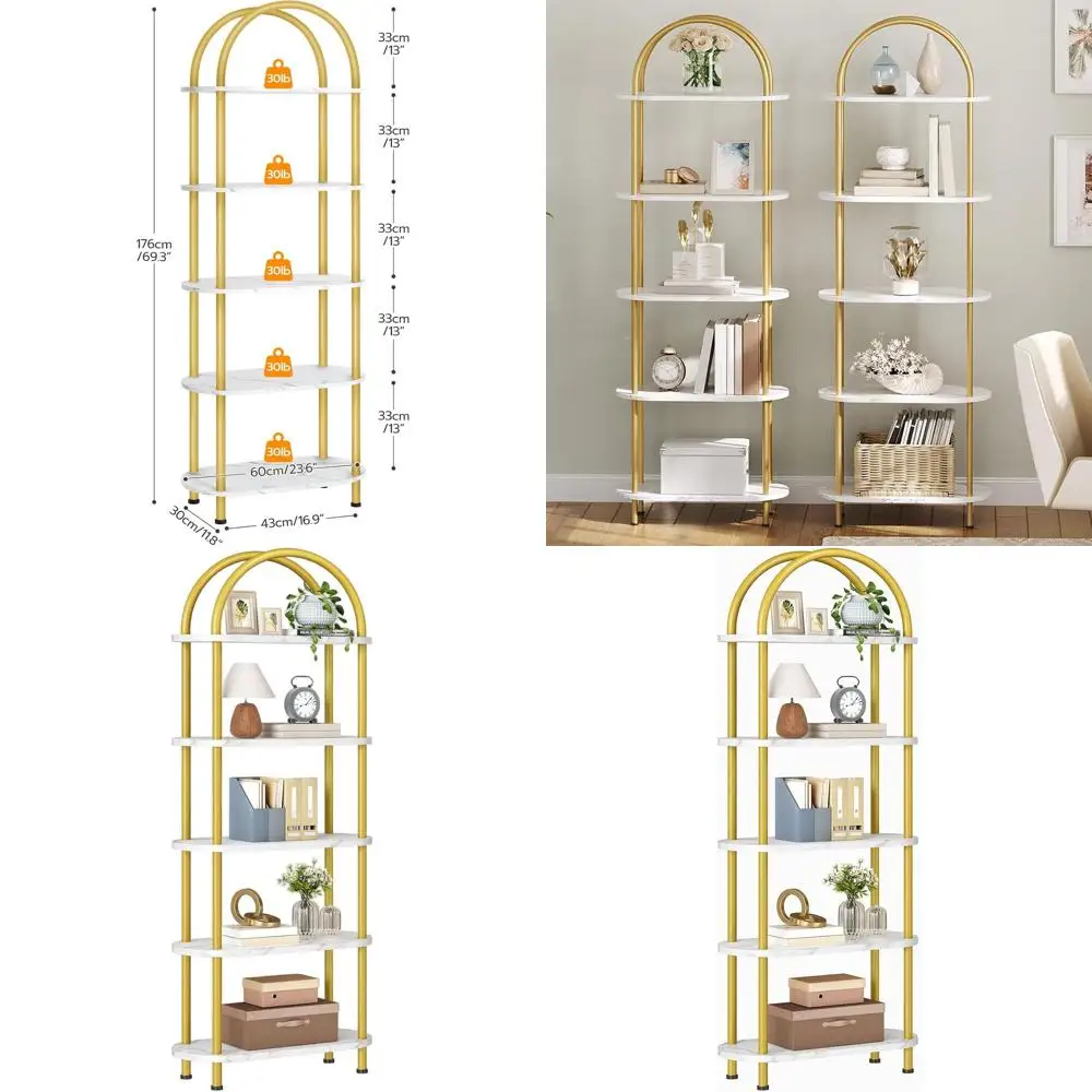 5-Tier Open Bookshelf with Industrial Arched Design, Wooden Storage Shelves on Metal Frame for Home, Easy Assembly, Gold
5-Tier Open Bookshelf with Industrial Arched Design, Wooden Storage Shelves on Metal Frame for Home, Easy Assembly, Gold