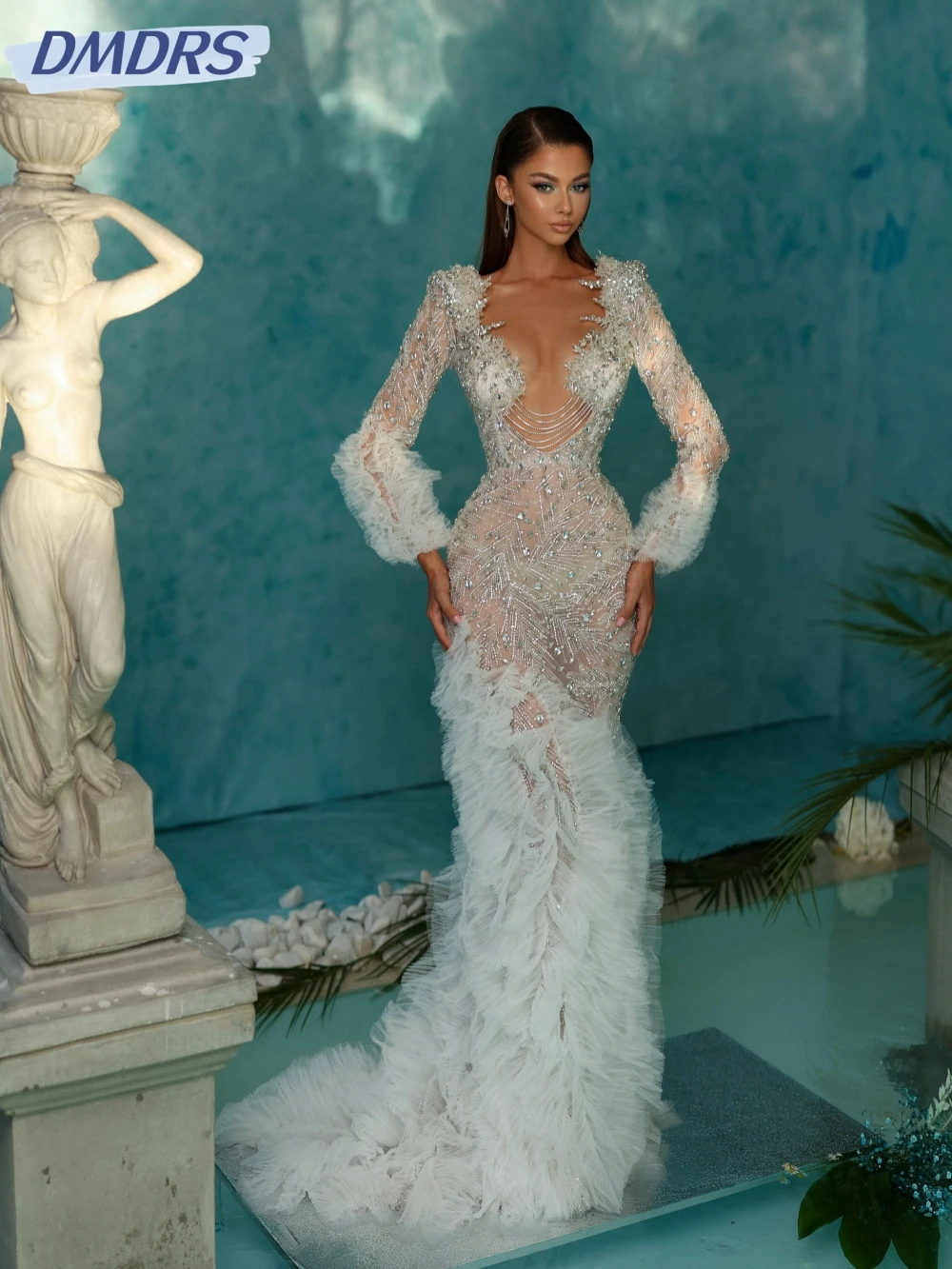 Ruffled Crystal Mermaid Long Evening Dress For Women Sexy Illusion Wedding Party Gown Customized Stylish Luxury Prom Dresses
Ruffled Crystal Mermaid Long Evening Dress For Women Sexy Illusion Wedding Party Gown Customized Stylish Luxury Prom Dresses