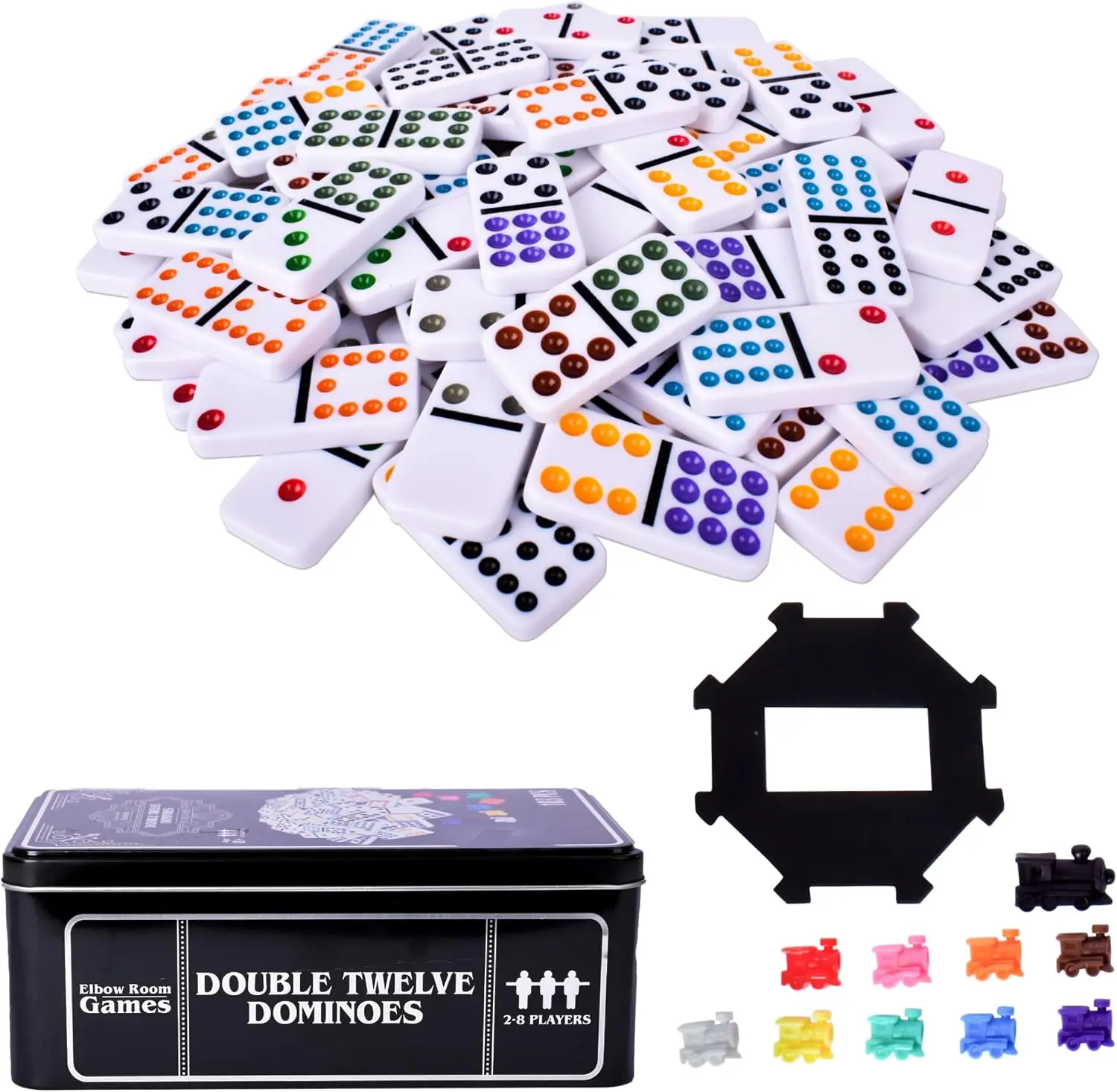 Double Twelve Dominoes Set – 91 Dominoes, 10 Trains, Starter Piece, Storage Tin for Mexican Train, Block & Draw Games – 2-8 Players
Double Twelve Dominoes Set – 91 Dominoes, 10 Trains, Starter Piece, Storage Tin for Mexican Train, Block & Draw Games – 2-8 Players
