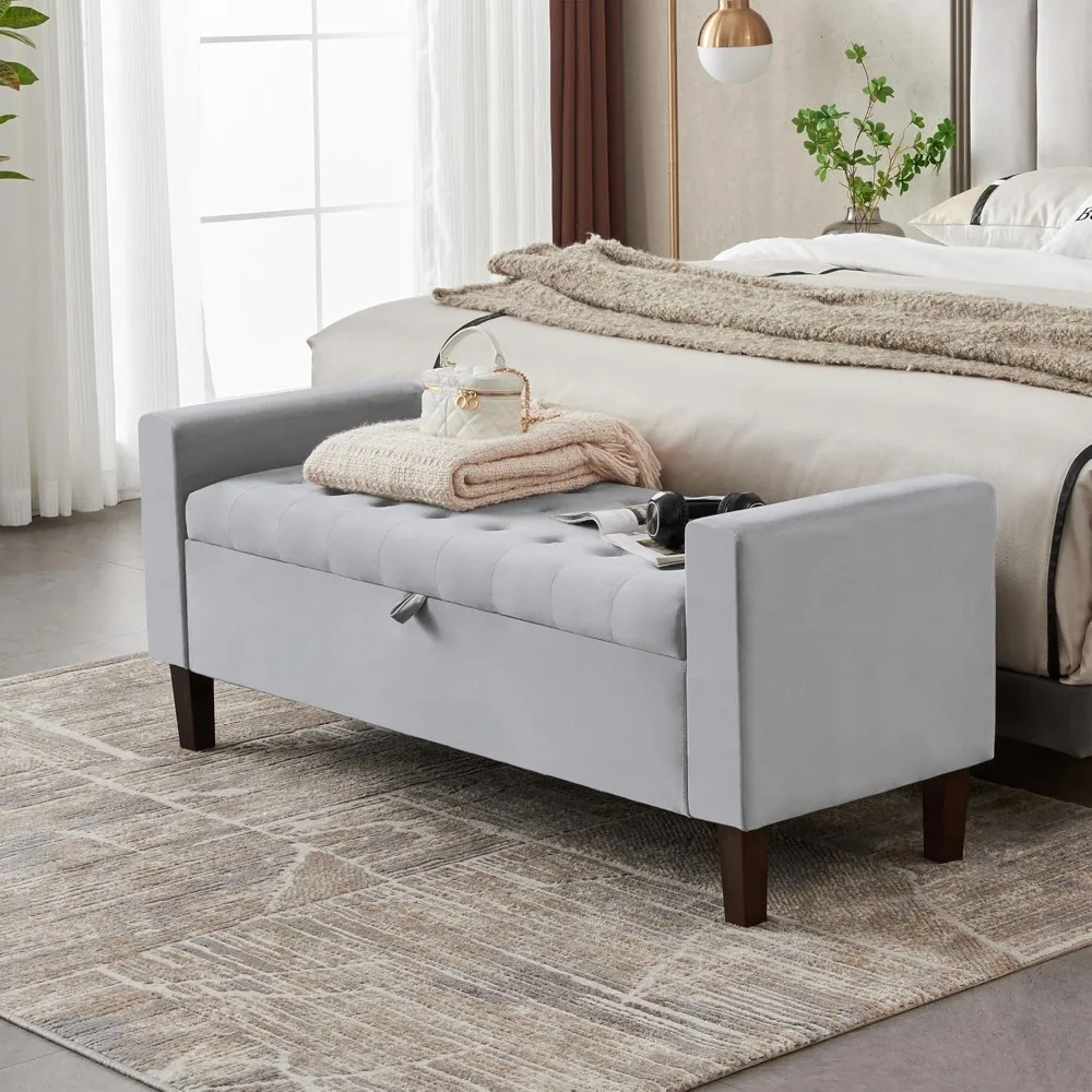 55" Velvet Tufted Upholstered Storage End of Bed Storage Bench with Solid Wood Legs for Bedroom Living Room Entryway, Gray
55" Velvet Tufted Upholstered Storage End of Bed Storage Bench with Solid Wood Legs for Bedroom Living Room Entryway, Gray