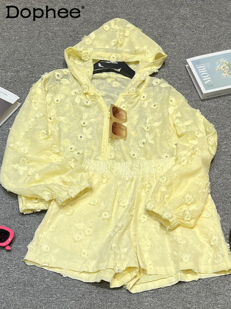 Summer Heavy Industry 3d Embroidery Flower Hooded Long-sleeved Shirt Women's Loose Casual Shirt and Shorts 2 Piece Sets Womens
Summer Heavy Industry 3d Embroidery Flower Hooded Long-sleeved Shirt Women's Loose Casual Shirt and Shorts 2 Piece Sets Womens