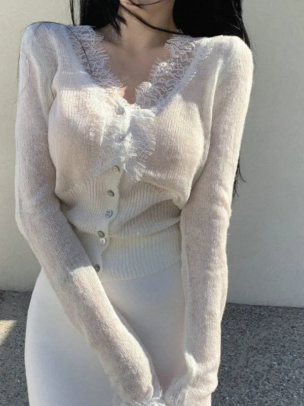 Pure Color Lace Hook Flower V-neck Single Button Thin Long Sleeve Knitted Sweater Coat Women's Summer Fashion Outerwear
Pure Color Lace Hook Flower V-neck Single Button Thin Long Sleeve Knitted Sweater Coat Women's Summer Fashion Outerwear