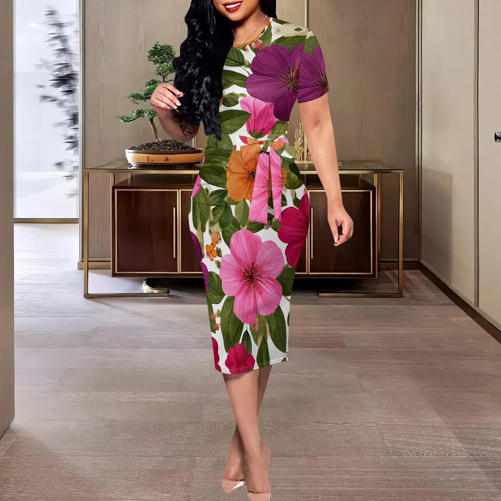Bold Floral Print Midi Dress XS-3XL Short Sleeve Belted Bodycon Style for Summer Brunch, Garden Party or Casual Date Look
Bold Floral Print Midi Dress XS-3XL Short Sleeve Belted Bodycon Style for Summer Brunch, Garden Party or Casual Date Look