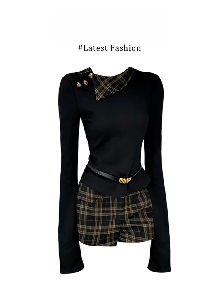Vintage Plaid Splicing Long Sleeve Women's Set Short Pants Autumn Fashion Set Casual Style mid Waist Zipper Warmth
Vintage Plaid Splicing Long Sleeve Women's Set Short Pants Autumn Fashion Set Casual Style mid Waist Zipper Warmth