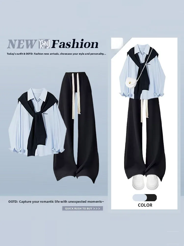 Blue Shirt Scarf Casual Pants Three-Piece Set Women's Spring Summer Layering Fashion Simple Style Versatile Complete Set
Blue Shirt Scarf Casual Pants Three-Piece Set Women's Spring Summer Layering Fashion Simple Style Versatile Complete Set