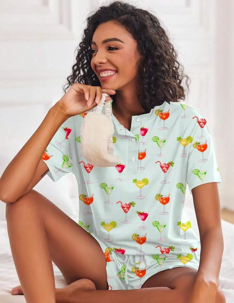 Women Short Sleeve Pajama Set Lounge Wear Soft Lightweight Sleepwear With Cocktail Print
Women Short Sleeve Pajama Set Lounge Wear Soft Lightweight Sleepwear With Cocktail Print