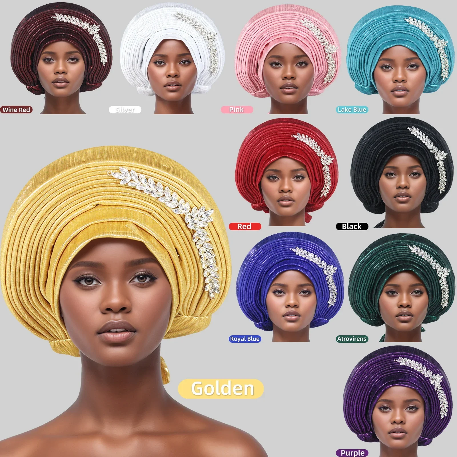 African Autogele Women's Turban Cap Nigeria Wedding Gele Ready to Wear Headtie with Diamonds Party Headwear Head Ties Wrap Head
African Autogele Women's Turban Cap Nigeria Wedding Gele Ready to Wear Headtie with Diamonds Party Headwear Head Ties Wrap Head