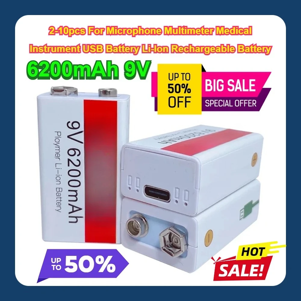 6200mAh 9V 2-10pcs For Microphone Multimeter Medical Instrument USB Battery Li-Ion Rechargeable Battery
6200mAh 9V 2-10pcs For Microphone Multimeter Medical Instrument USB Battery Li-Ion Rechargeable Battery